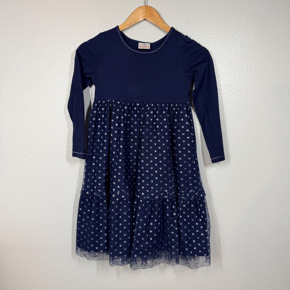Hanna Andersson Dress Girls 8/130 Blue Tulle Skirt Long Sleeve Polka Dot Glitter